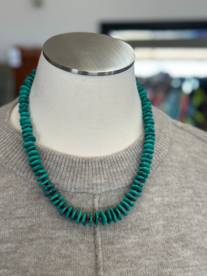 Necklace | Turquoise Flat Green Stone with Brown Sequin Beads [24 in]
