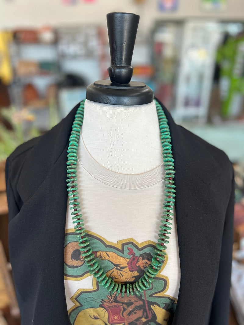Necklace | Turquoise Flat Green Stone with Brown Sequin Beads [28 in]