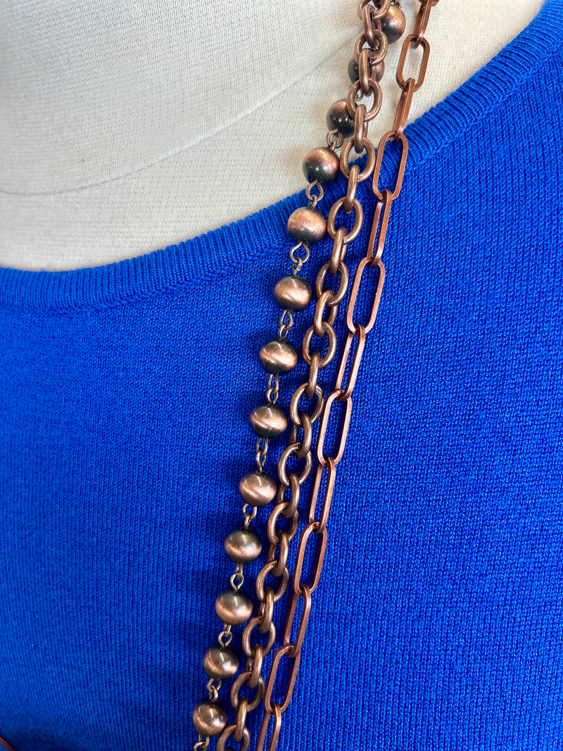 Necklace | 3 Layers Copper Metal Chain + Navajo Pearl Necklace [36 in]