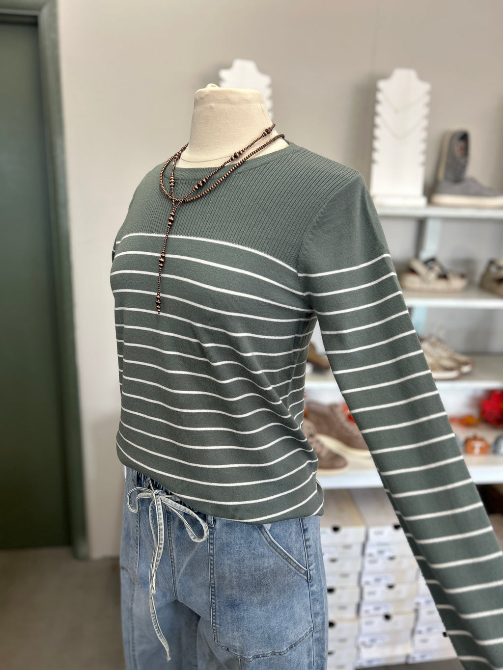 Staccato | Dusty Jade Striped Longsleeve Pullover Sweater