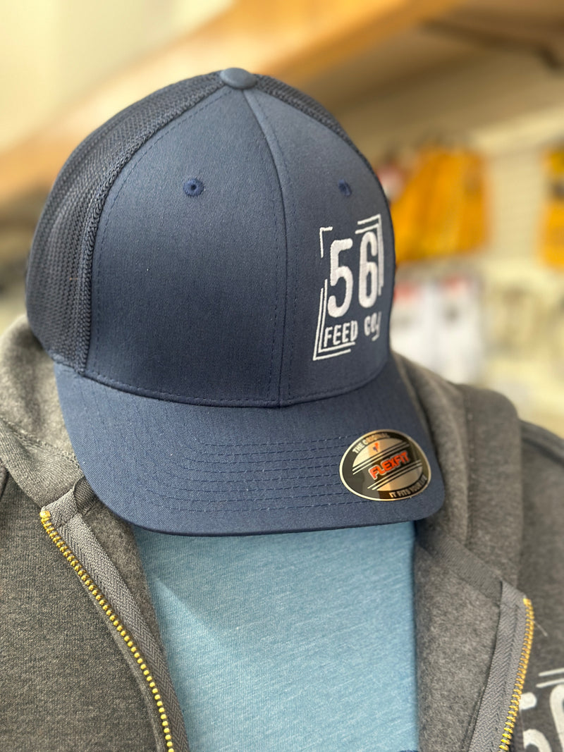 56 Feed Co l Navy with White Thread Logo Flexfit 6511 Trucker Cap [OSFM]