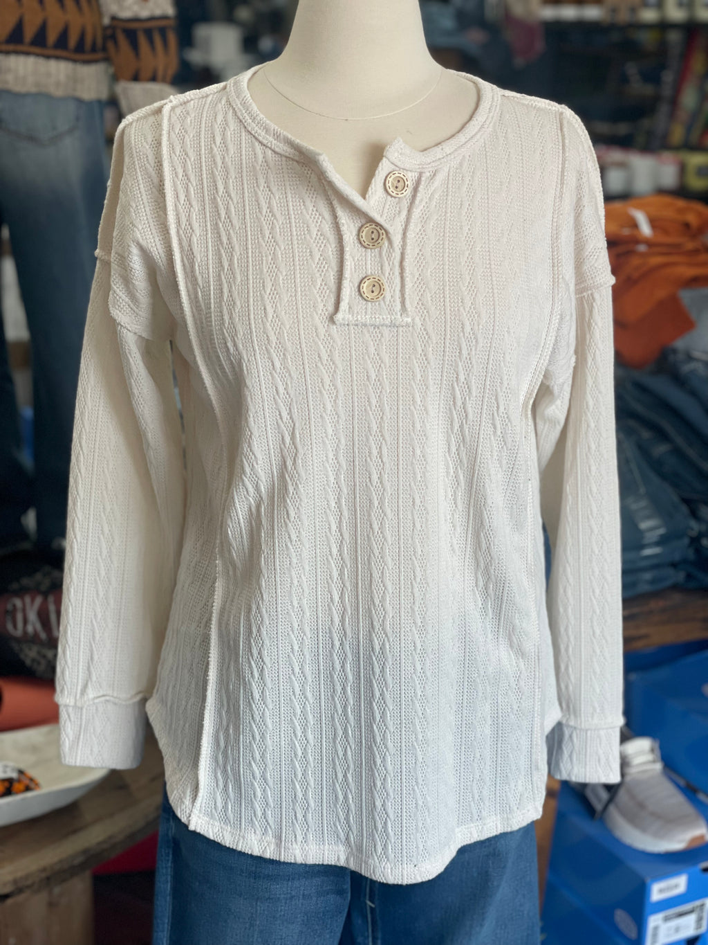 Women's Cream Cable Knit Button Front Top