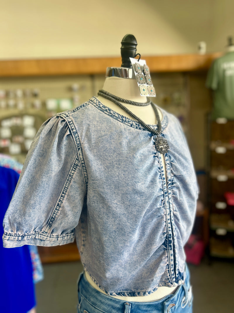 Women's Denim Crop Top with Ruching Detail