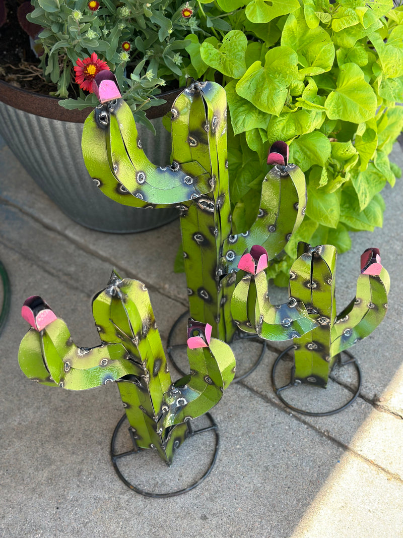 Arizona Cactus Green with Pink Flower Metal Art