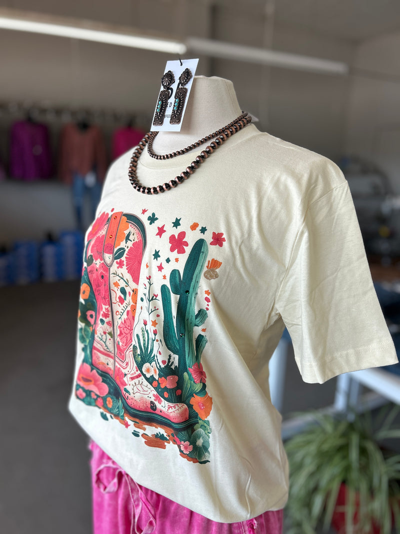 Bling-A-Gogo | Floral Boot with Rhinestones on Natural Crew Neck Tee