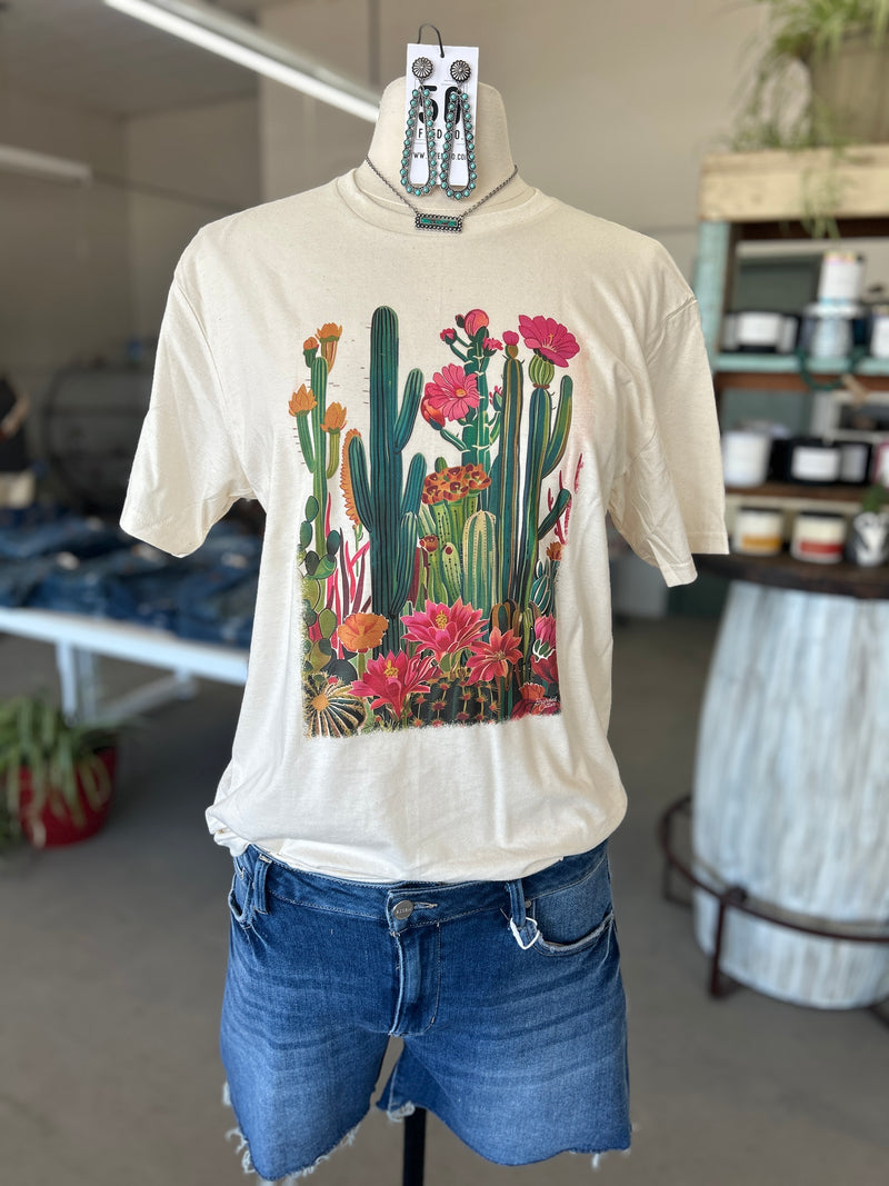Branded Cotton | Blooming Cactus on Natural Crew Neck Tee