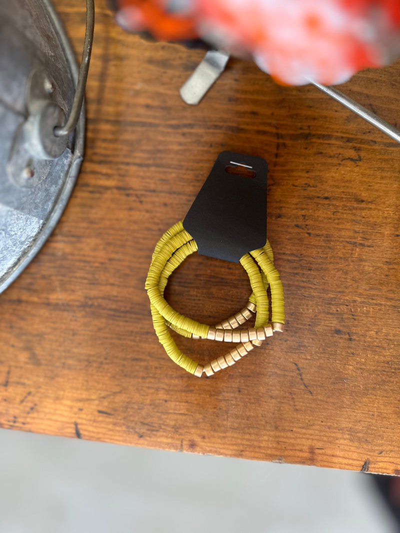 Bracelet | Tea Green + Gold Clay Disc Beaded Stretchy Bracelet Set