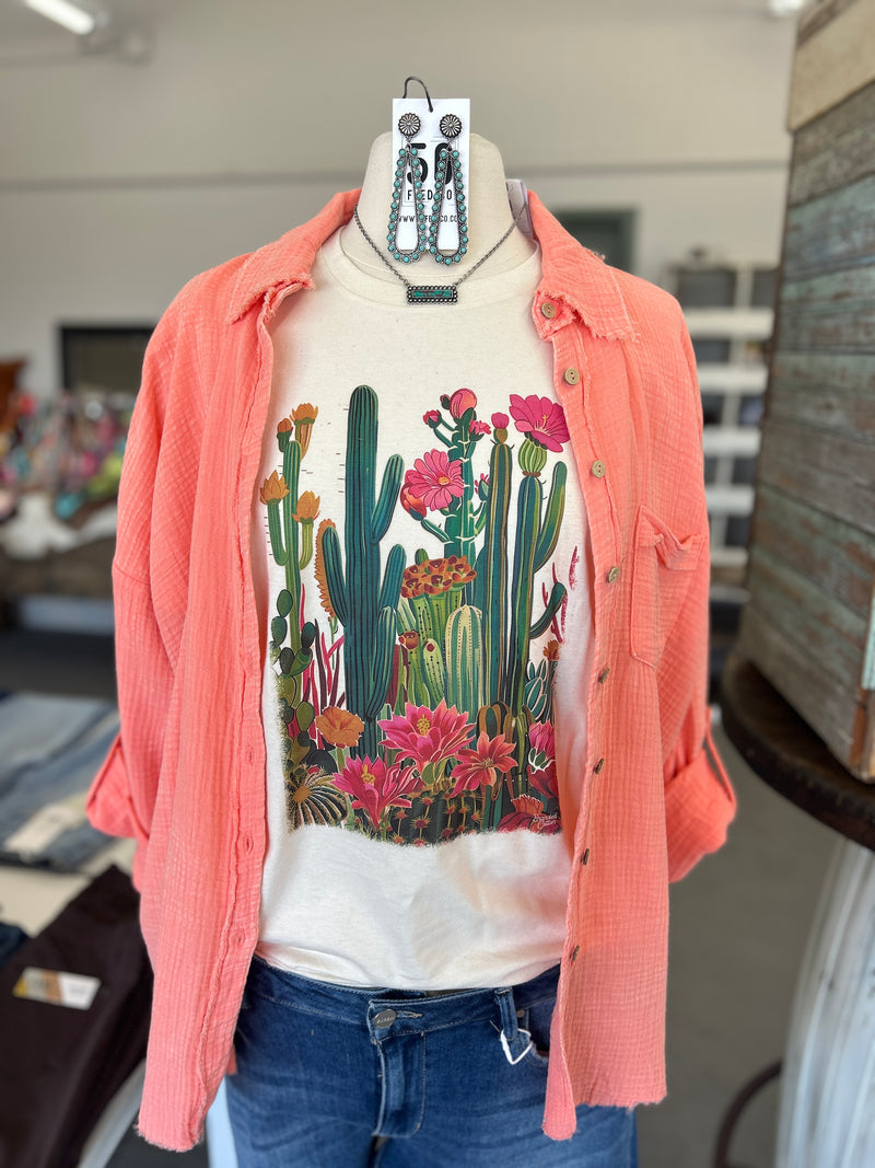 Branded Cotton | Blooming Cactus on Natural Crew Neck Tee