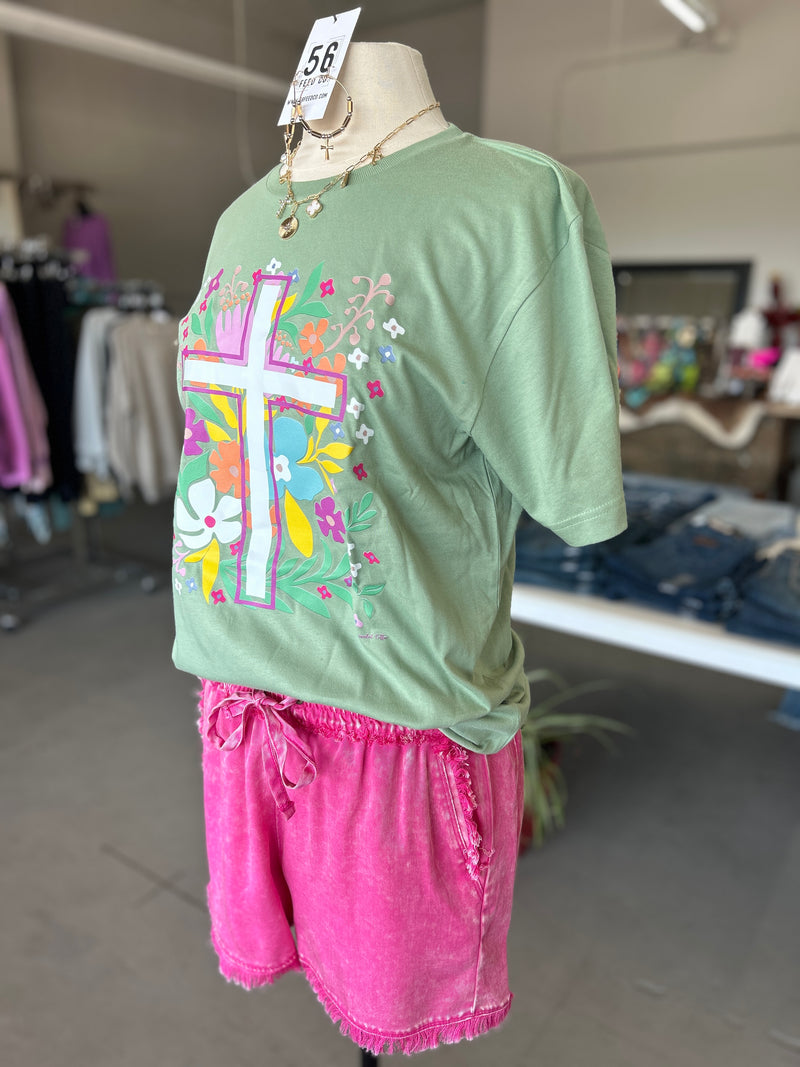 Branded Cotton | Sage Floral Cross Crew Neck Tee