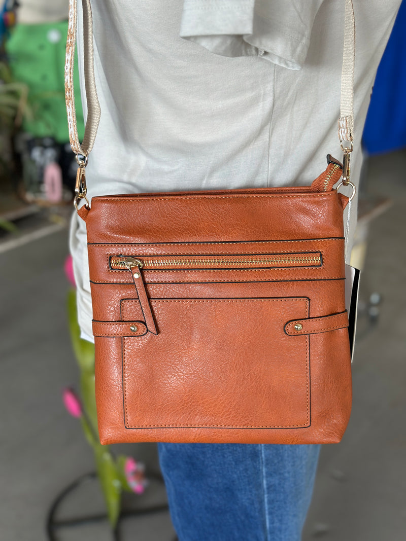 Brown Square Shaped Crossbody with Patterned  Guitar Strap