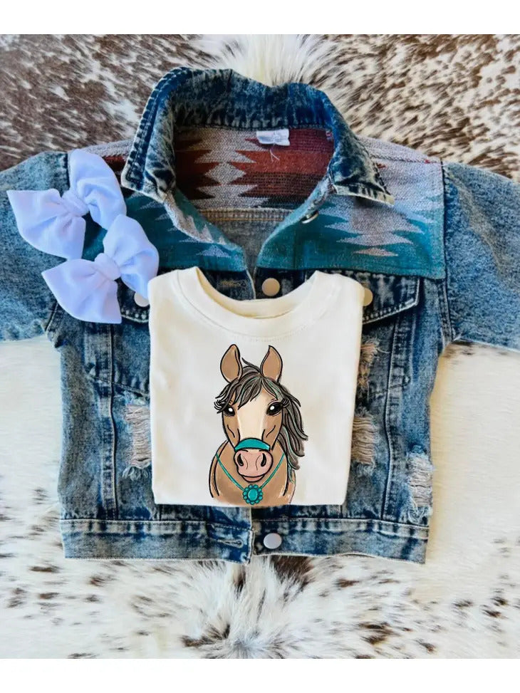 Buckin Baby l Horse with Turquoise Necklace Natural Crew Neck Tee