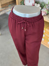 Women's Burgundy Drawstring Joggers with Ruched Ankle Cuffs