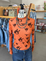 Merigold Kiss | Burnt Orange Southern Soul Velvet Mesh Longsleeve Lace Top