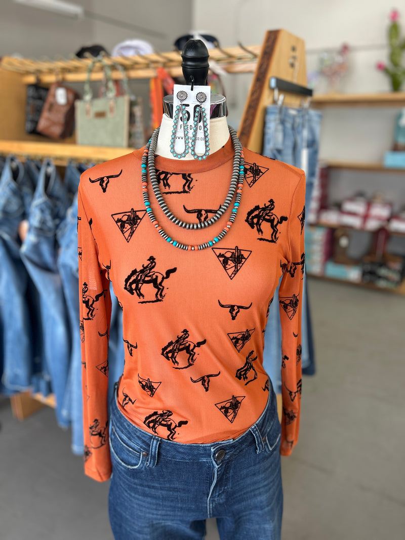 Merigold Kiss | Burnt Orange Southern Soul Velvet Mesh Longsleeve Lace Top