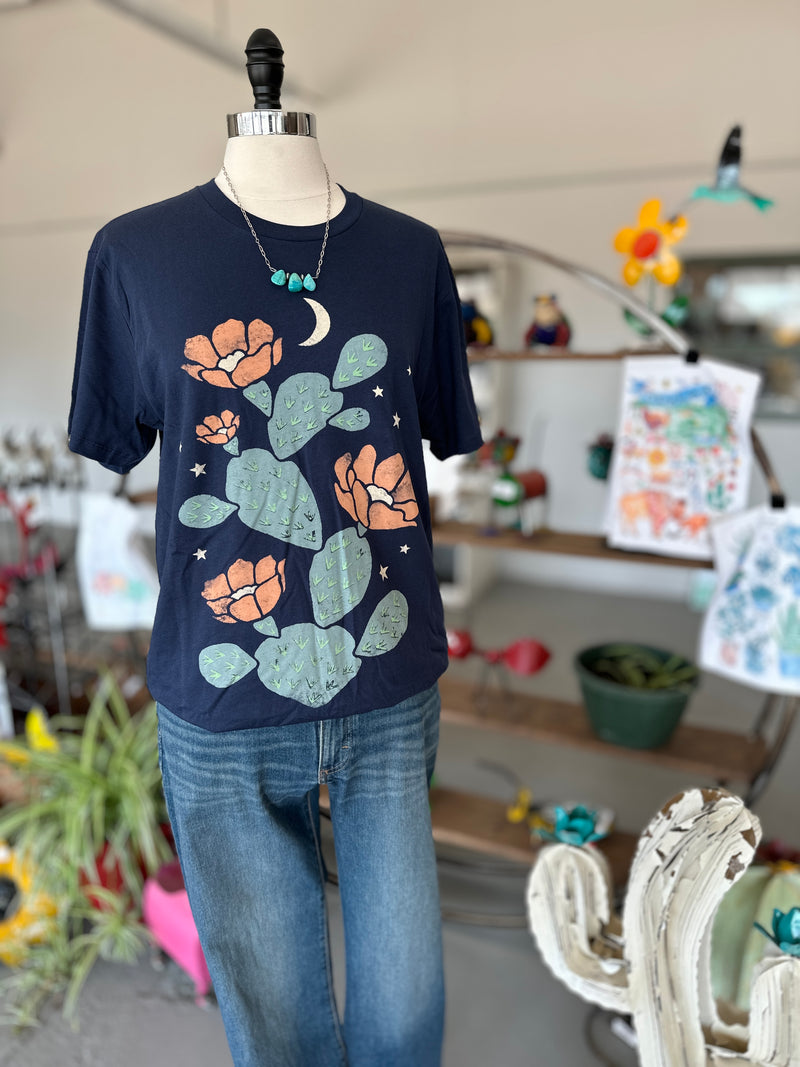 Cactus Flowers on Navy Boyfriend Fit Crew Neck Graphic Tee