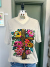 Texas True Threads | Callie Ann Stelter Old Rugged Cross V-Neck Tee on Heather Dust