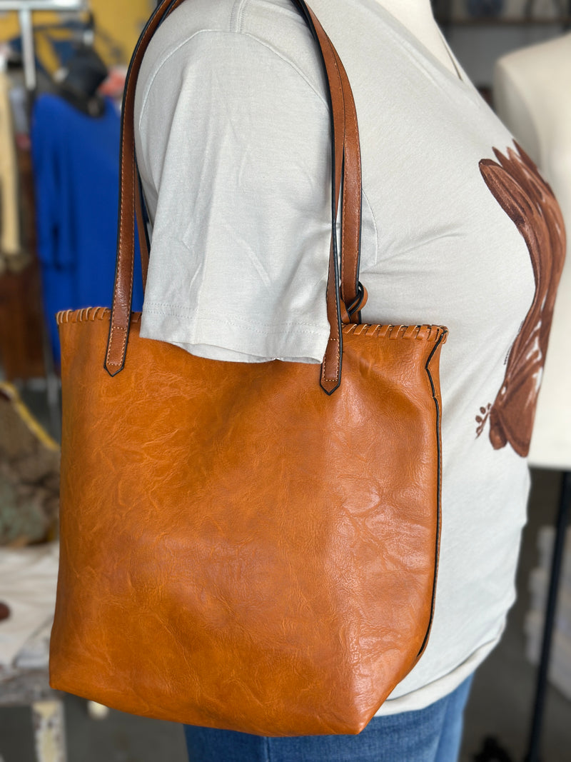 Camel 2-in-1 Leather Hobo Tote Bag