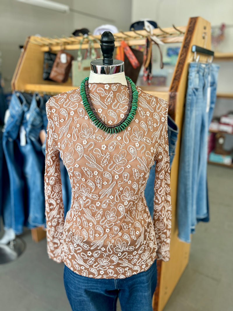Merigold Kiss | Caramel Paisley Lace Longsleeve Top