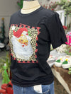 Women's Vintage Leopard Santa Black Crew Neck T-shirt