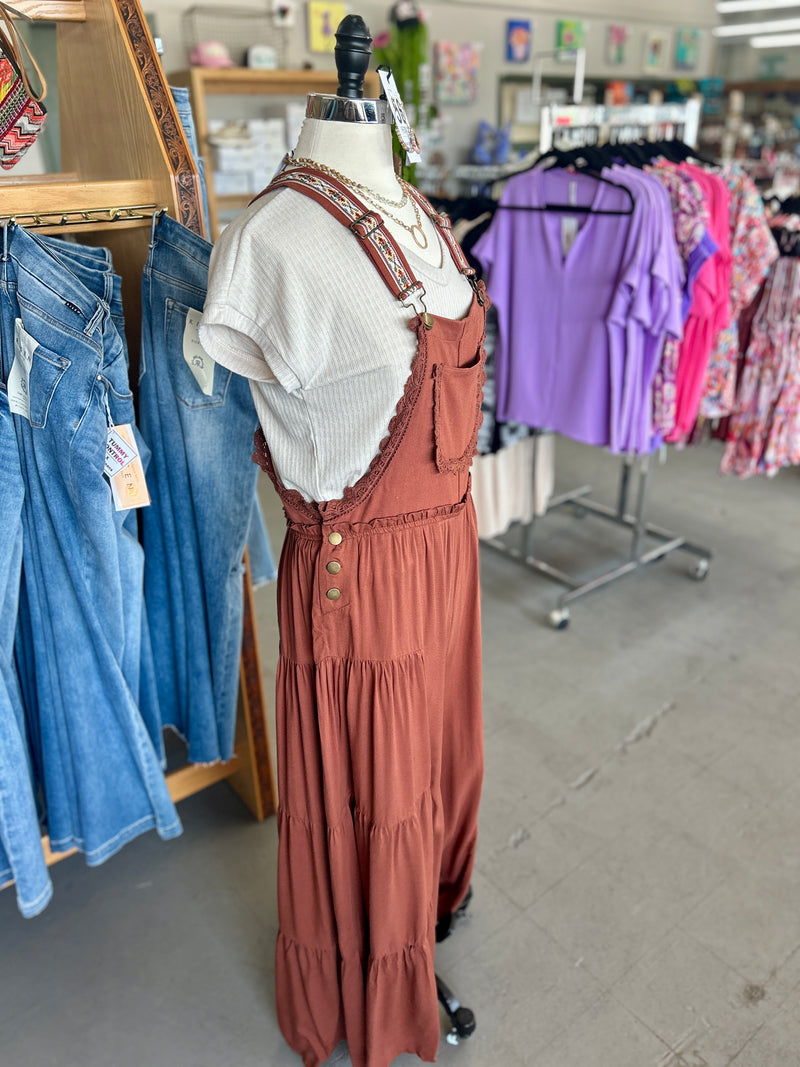 Women's Cinnamon Lace Trim Tiered Sleeveless Jumpsuit
