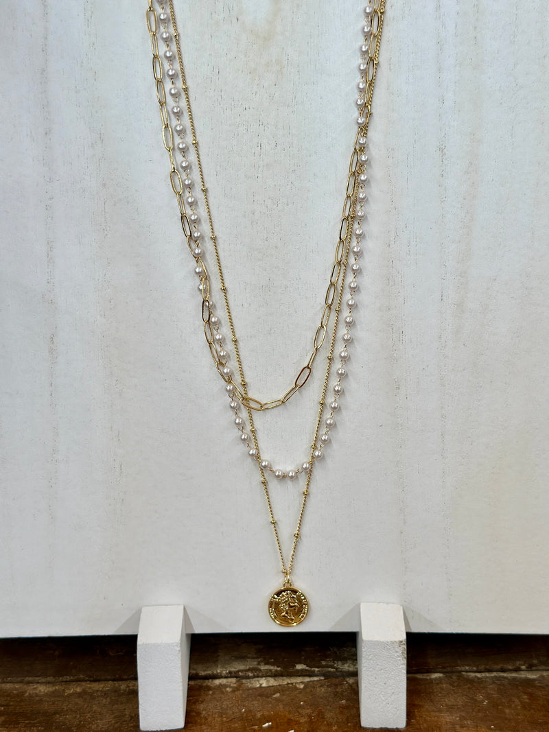 Necklace | Coin Pendant Pearl Station Layered Chain Necklace