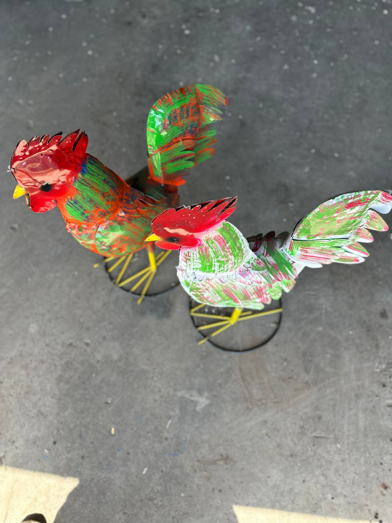 Colorful Rooster on Stand Metal Art