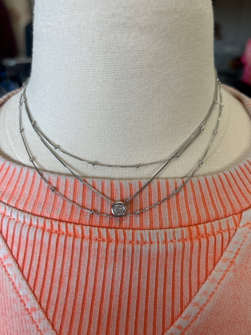 Necklace | Cubic Zirconia Round Gem Pendant Layered Necklace