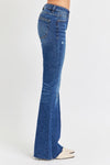 Risen Jeans | Dark Mid-Rise Flare Distressed Long Jeans [RDP5366]