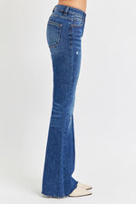 Risen Jeans | Dark Mid-Rise Flare Distressed Long Jeans [RDP5366]
