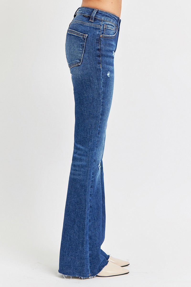 Risen Jeans | Dark Mid-Rise Flare Distressed Long Jeans [RDP5366]