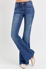 Risen Jeans | Dark Mid-Rise Flare Distressed Long Jeans [RDP5366]