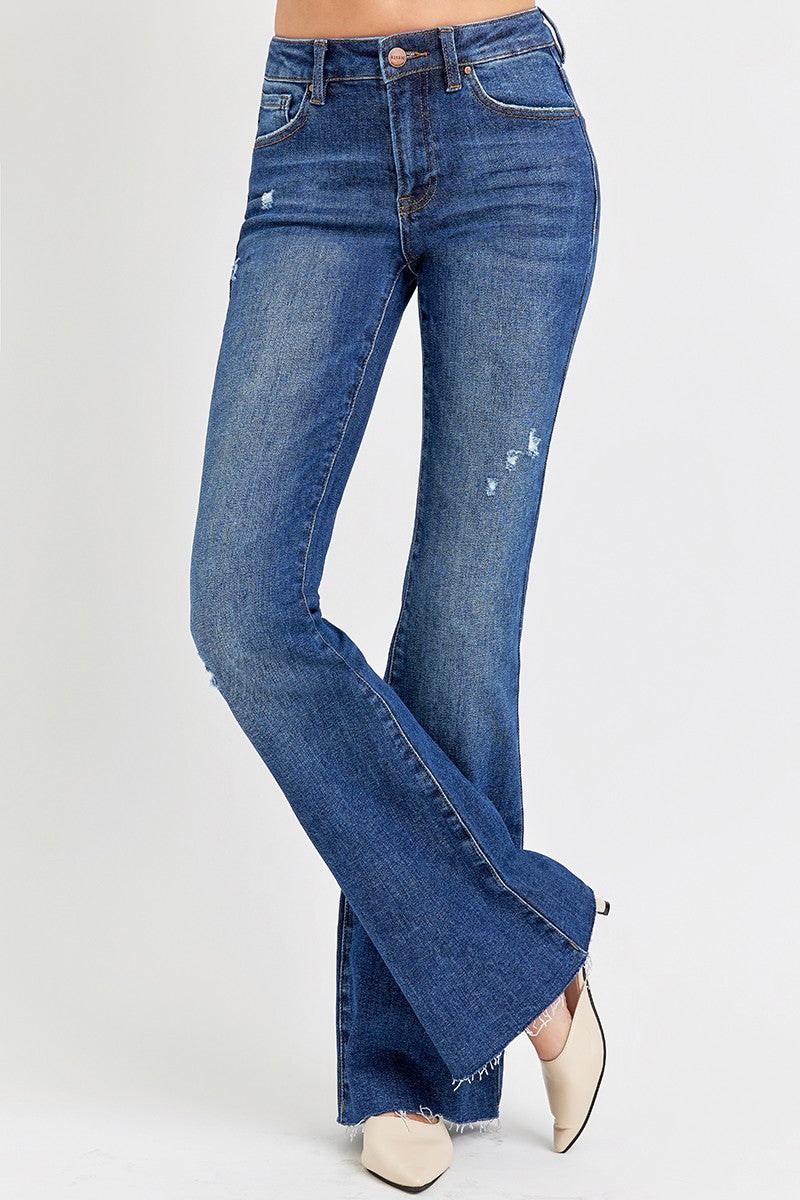 Risen Jeans | Dark Mid-Rise Flare Distressed Long Jeans [RDP5366]