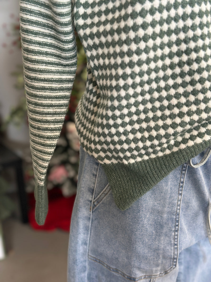 Staccato | Dark Sage Checkerboard + Stripe Longsleeve Pullover Sweater