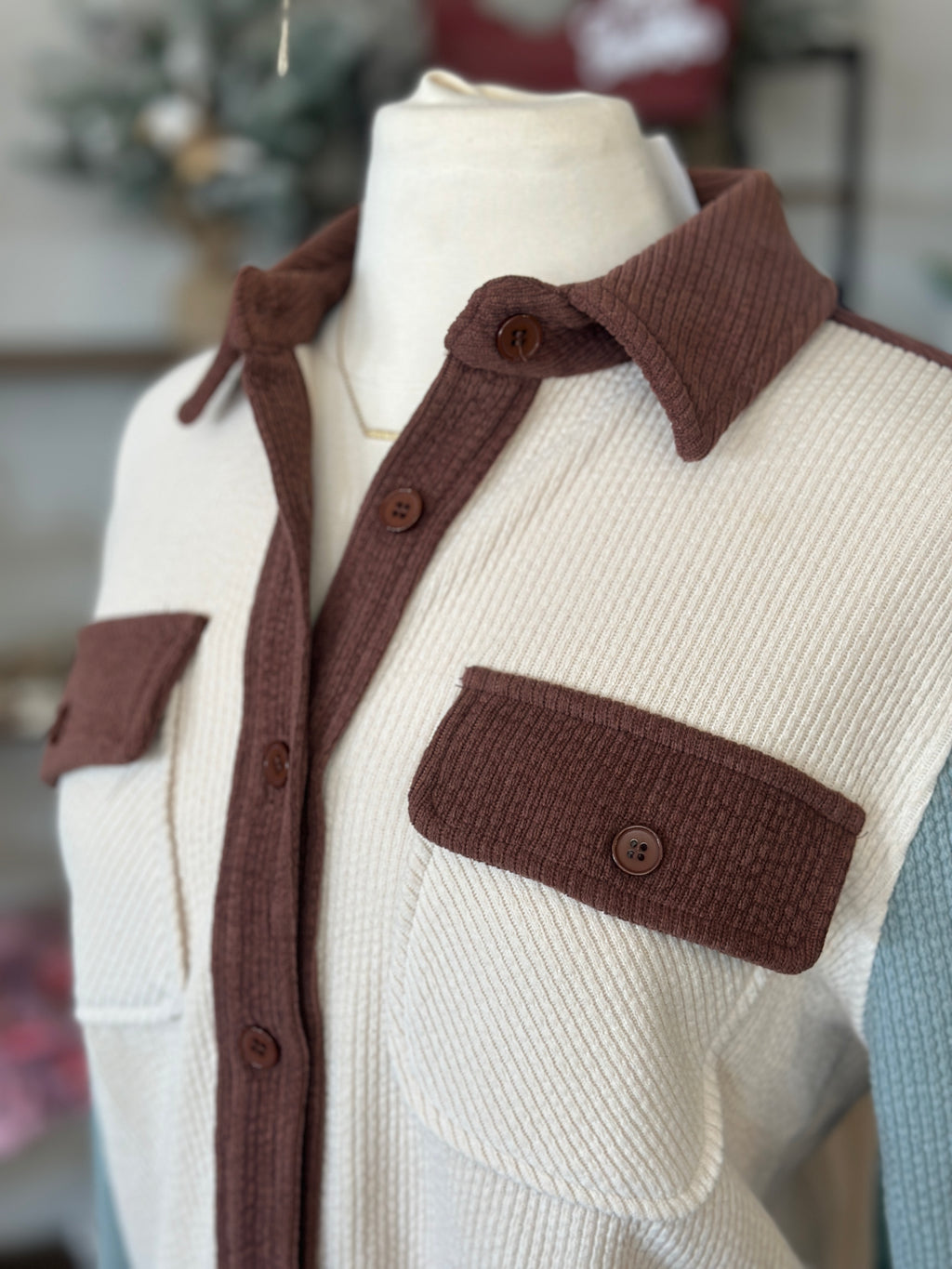 Staccato | Ivory Corduroy Color Block Button Up Shacket