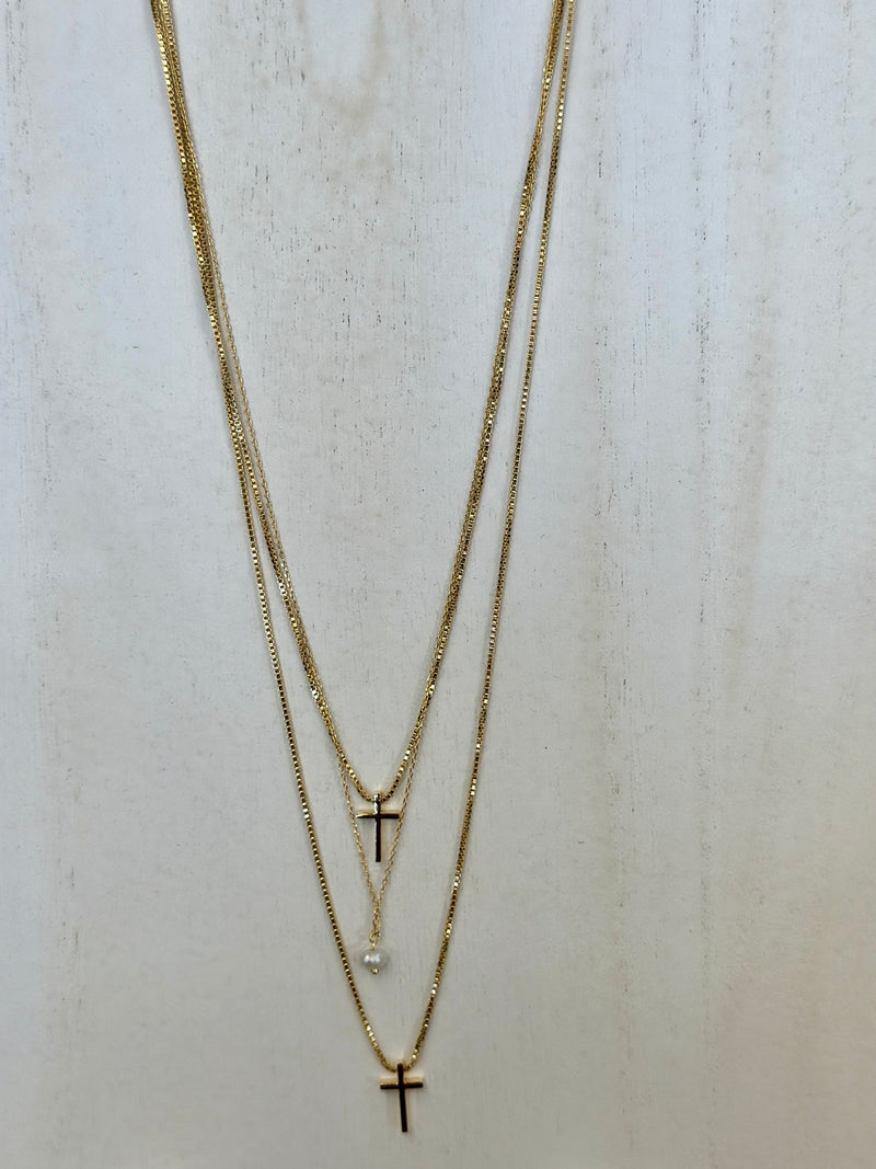 Necklace | Double Cross + Pearl Charm Layered Chain Necklace