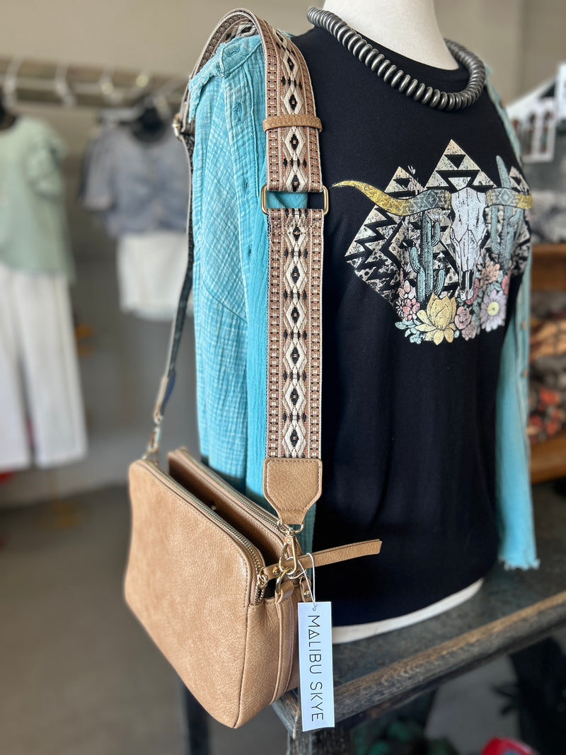 Double Zippered Shoulder Bag with Patterned Strap