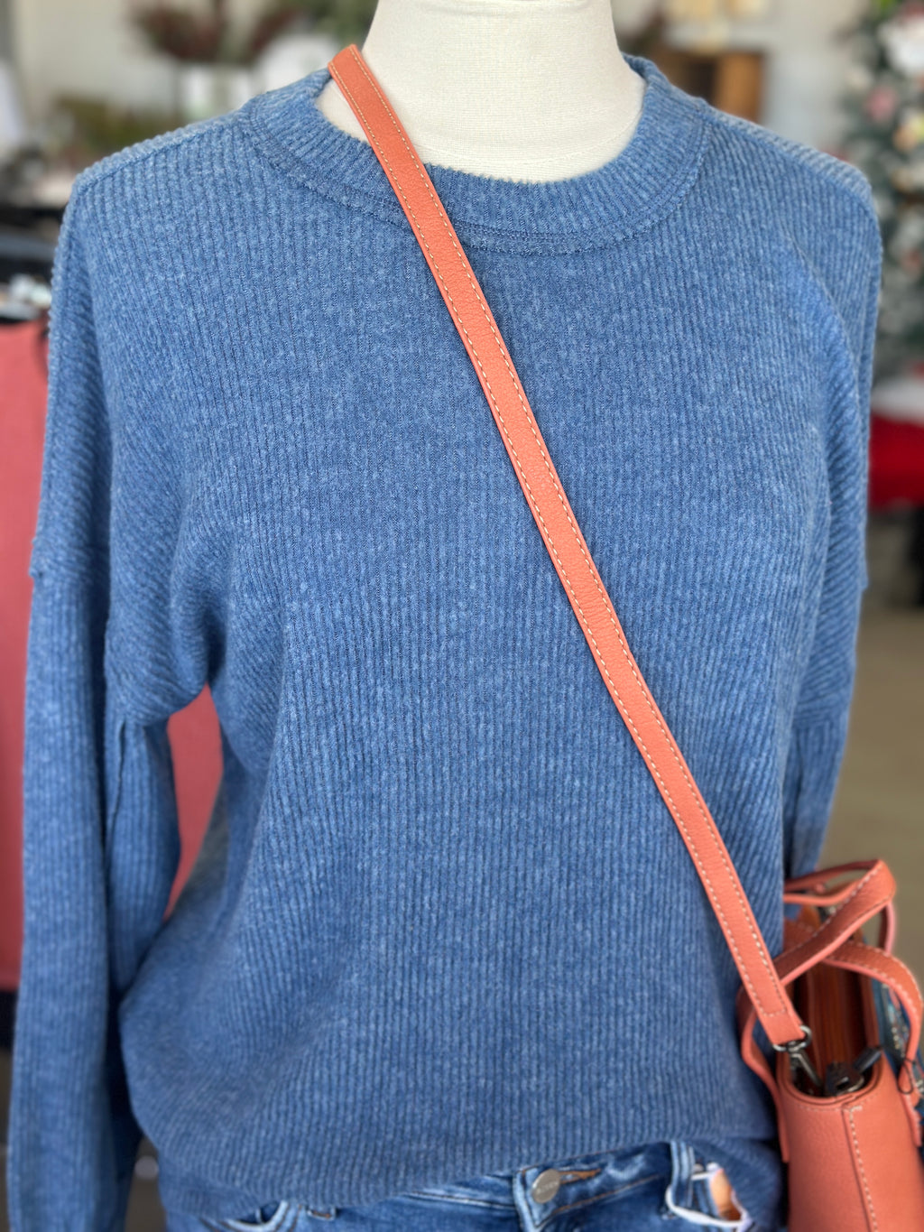 Women's Dusty Blue Brushed Ribbed Hacci Drop Should Sweater