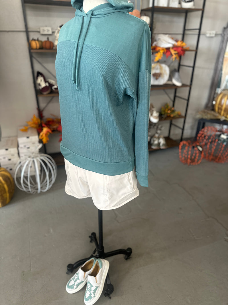 Staccato | Dusty Teal Drawstring Neck Longsleeve Hood Sweatshirt