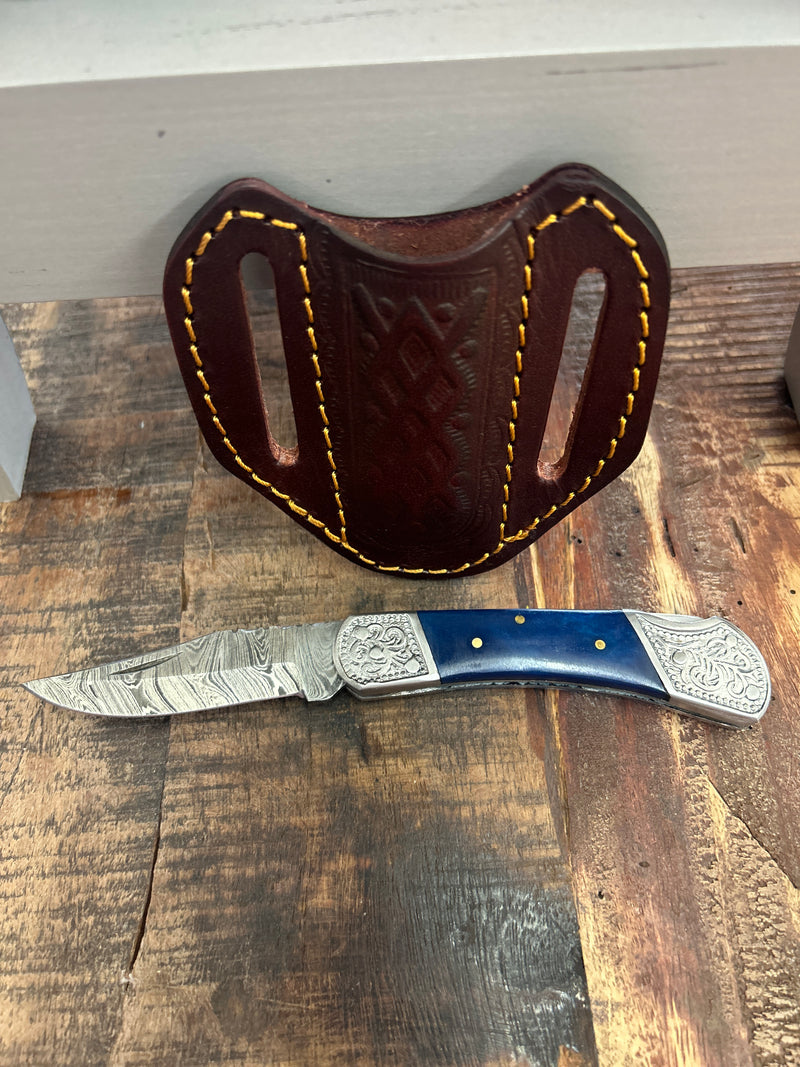 Titan International | Dyed Blue Bone 6.5" Damascus Steel Knife