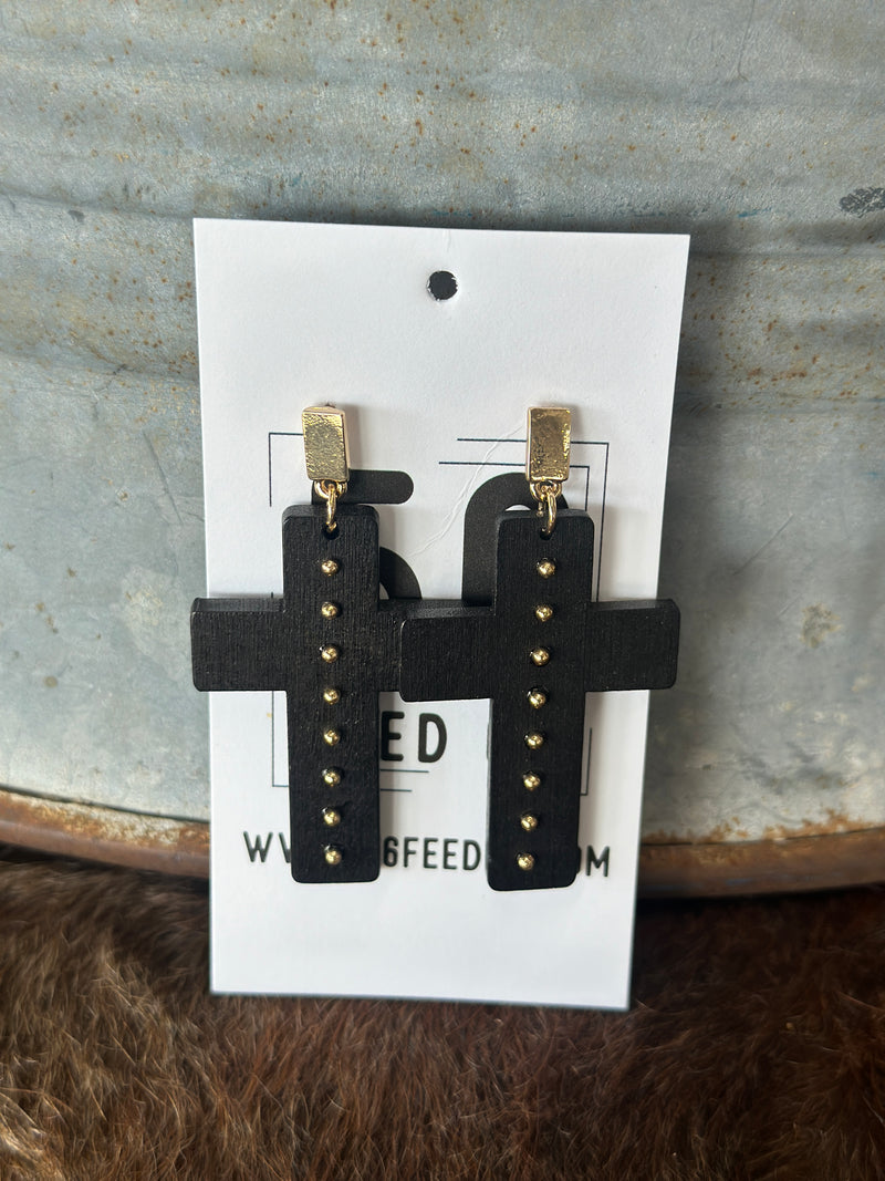Earring | Black Wooden Cross Dangle with Gold Accents