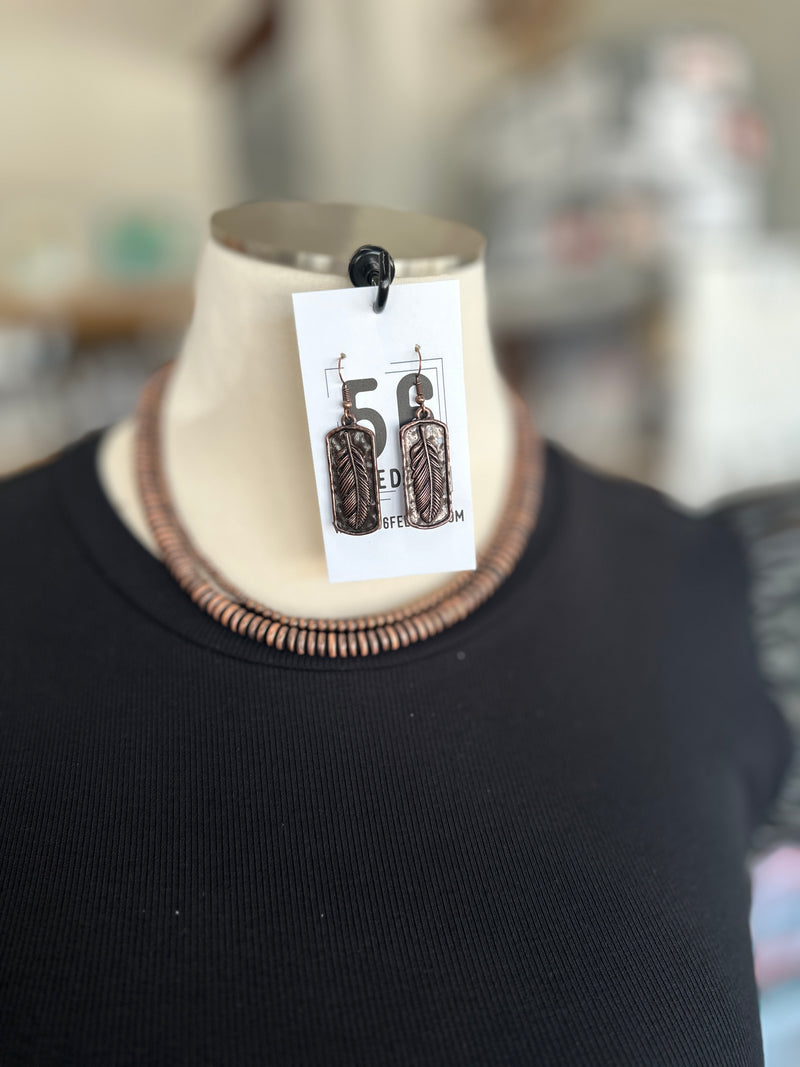 Earring | Copper Rectangle + Feather Dangles