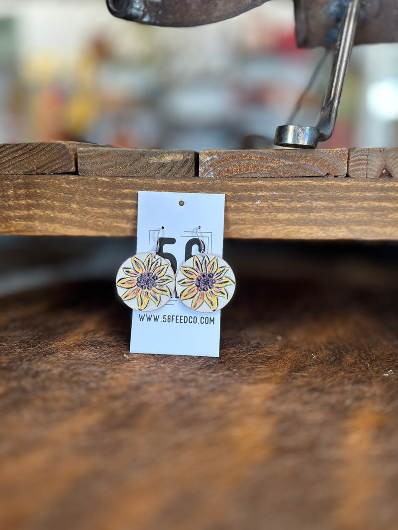 Earring | Leather Round Dangle with Painted Sunflower
