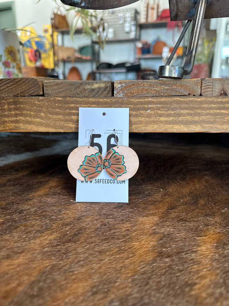 Earring | Leather Round Dangle with Turquoise Trim Flower