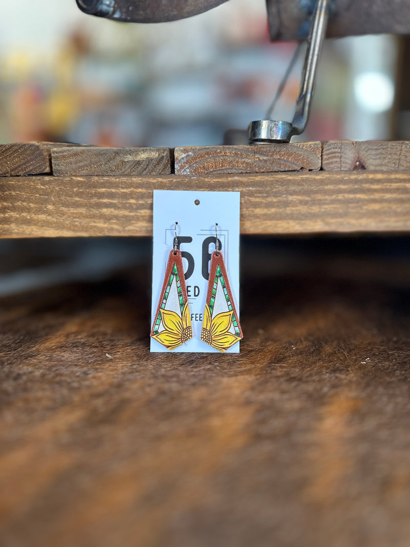 Earring | Long Leather Diamond Dangle with Painted Sunflower