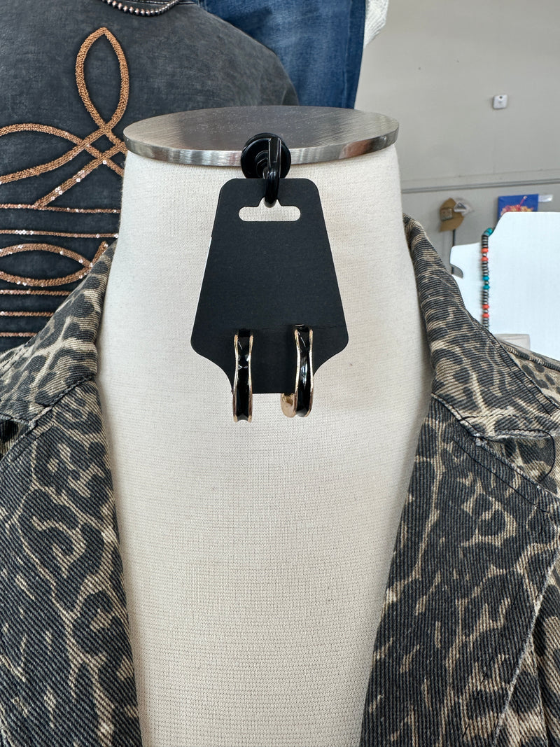 Earring | Square Gold Stud Hoops + Black Inlay