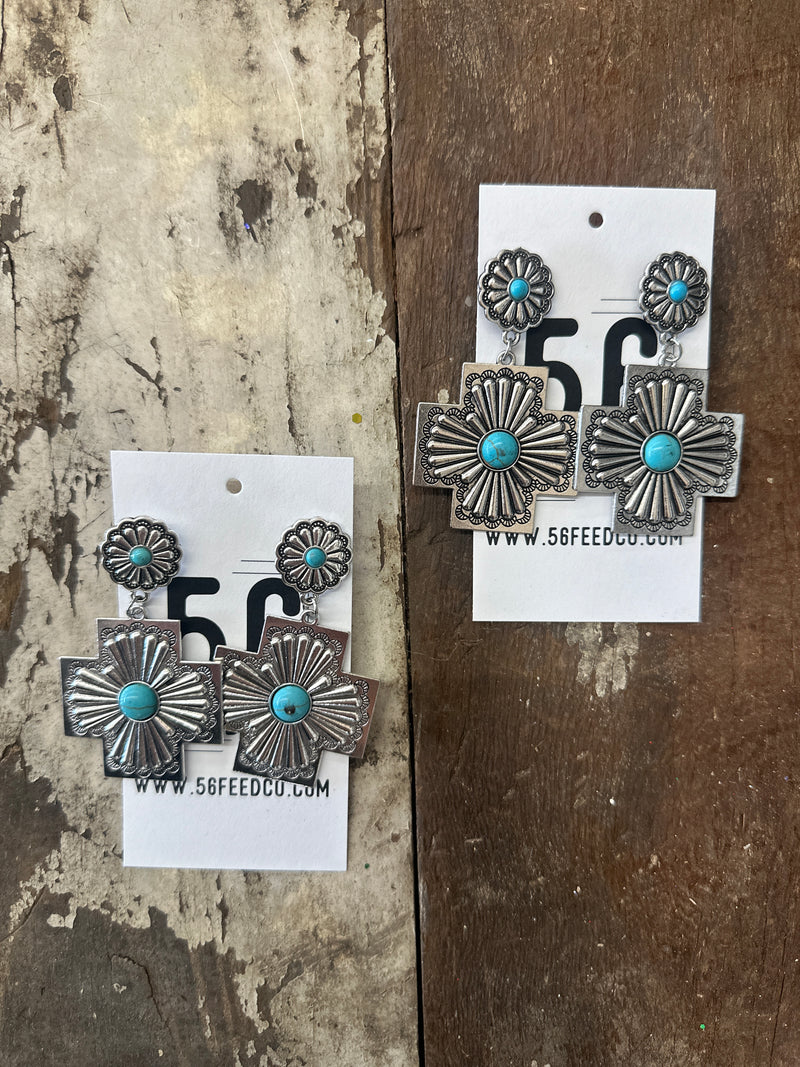 Earring | Turquoise Cross Vintage Western Silver Plated Drop Earrings