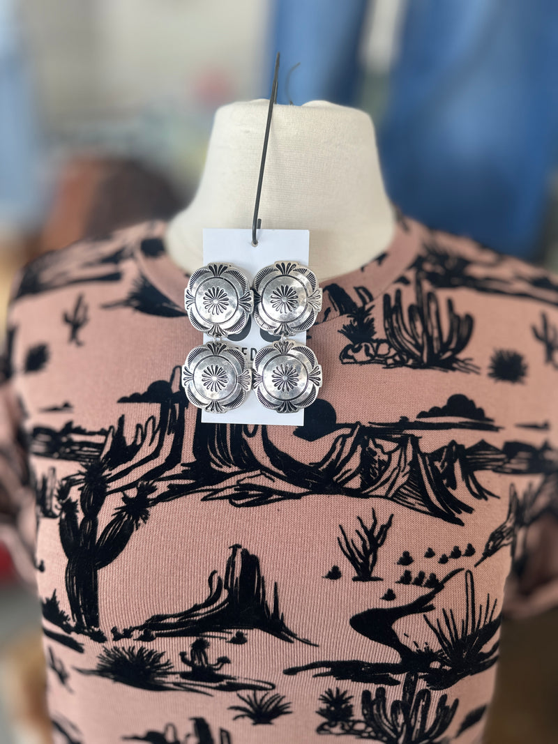 Earring | Western Silver Flower Burst Double Dangle