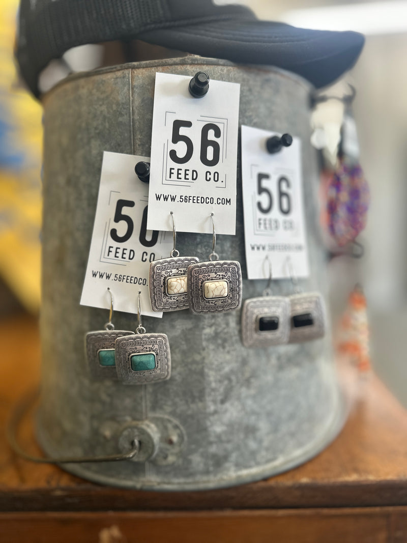 Earring | Western Silver Metal Square + Stone