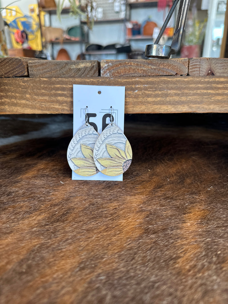 Earring | White Leather Teardrop Dangle with Painted Sunflower