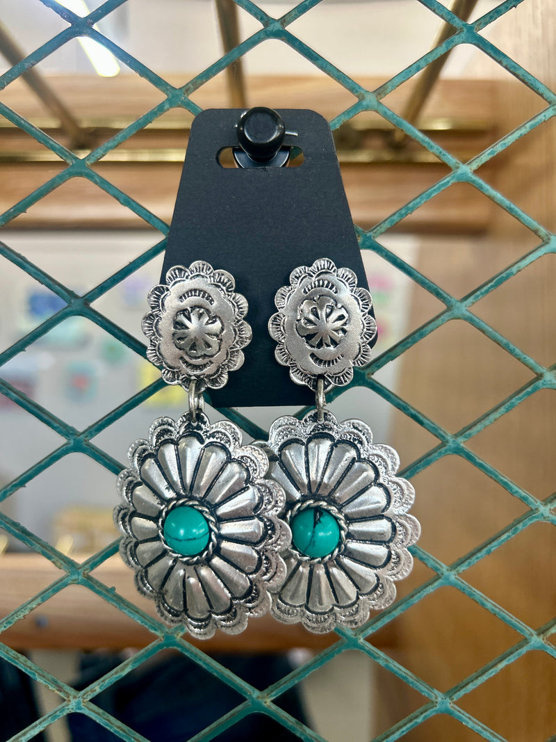 Earring | Silver + Turquoise Round Concho Dangles